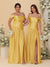 A-Line/Princess Off-the-Shoulder  Ruched Long Bridesmaid Dresses With Side Slit & Pleats