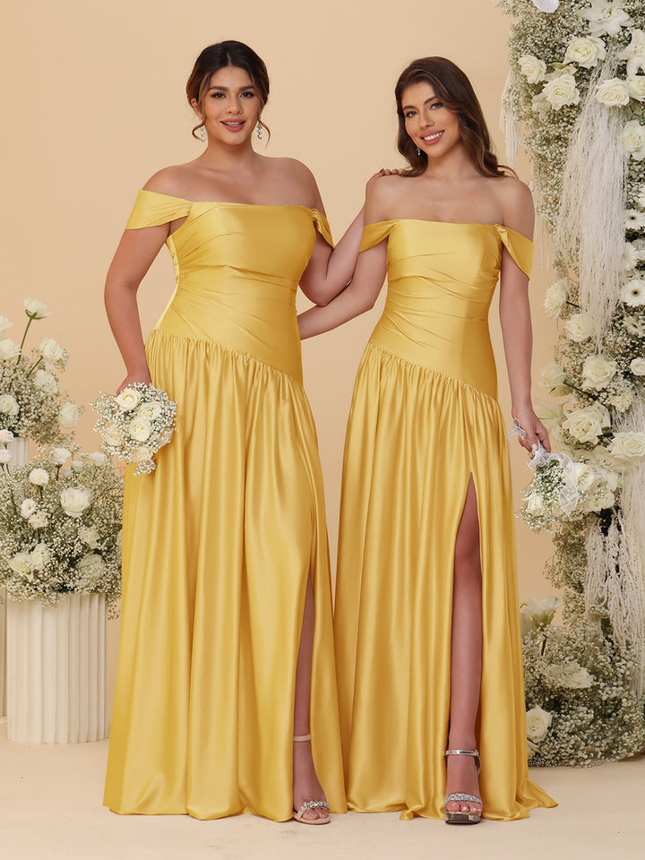 A-Line/Princess Off-the-Shoulder  Ruched Long Bridesmaid Dresses With Side Slit &amp; Pleats