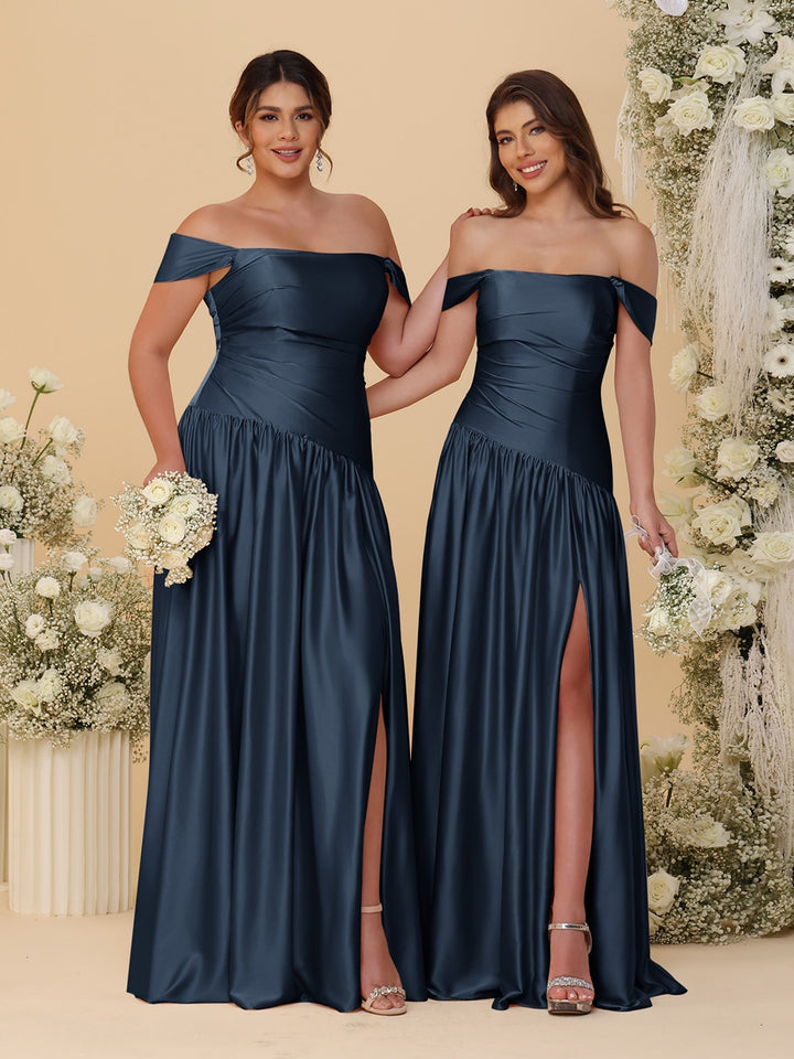 A-Line/Princess Off-the-Shoulder  Ruched Long Bridesmaid Dresses With Side Slit &amp; Pleats