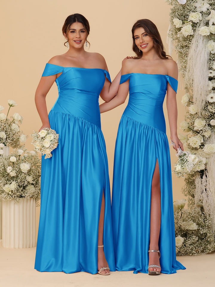 A-Line/Princess Off-the-Shoulder  Ruched Long Bridesmaid Dresses With Side Slit &amp; Pleats