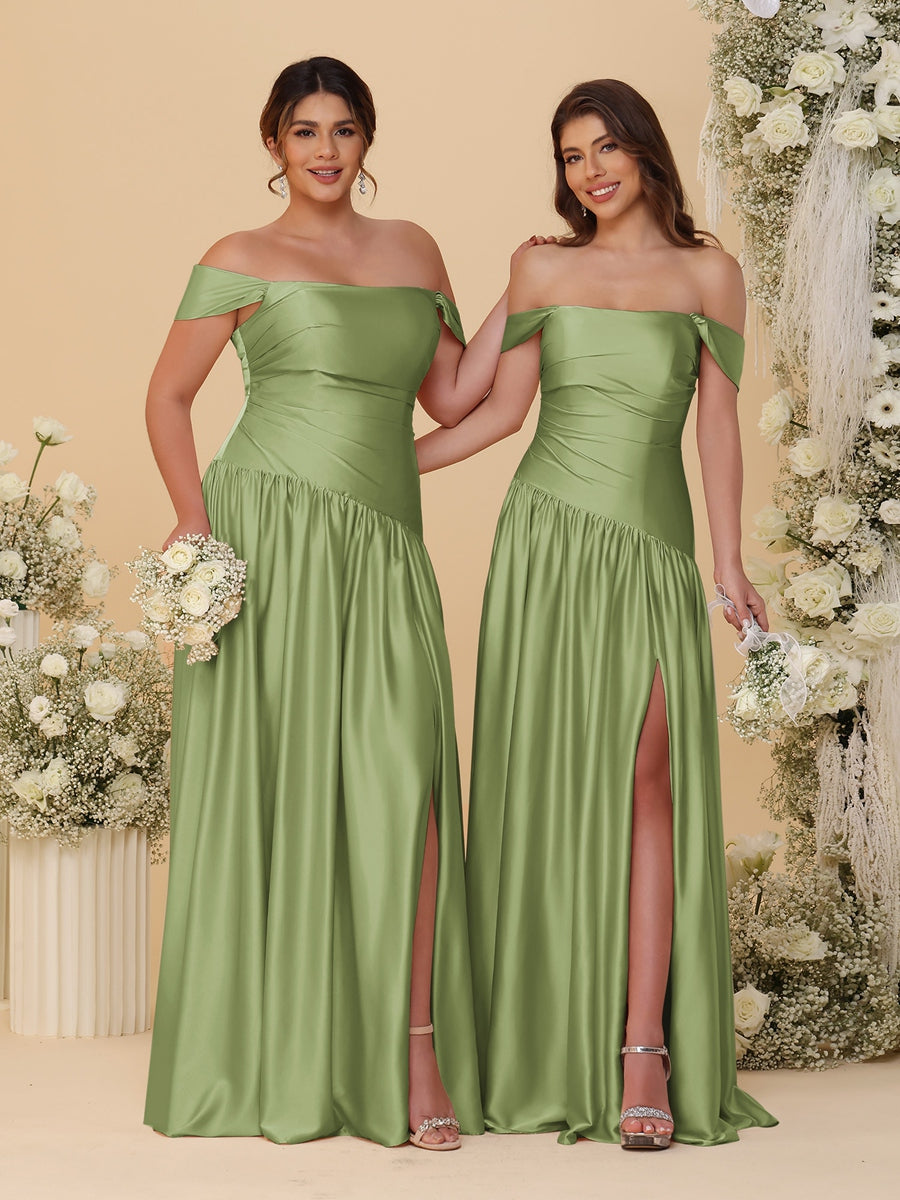 A-Line/Princess Off-the-Shoulder  Ruched Long Bridesmaid Dresses With Side Slit &amp; Pleats