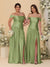 A-Line/Princess Off-the-Shoulder  Ruched Long Bridesmaid Dresses With Side Slit & Pleats