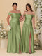 A-Line/Princess Off-the-Shoulder  Ruched Long Bridesmaid Dresses With Side Slit & Pleats