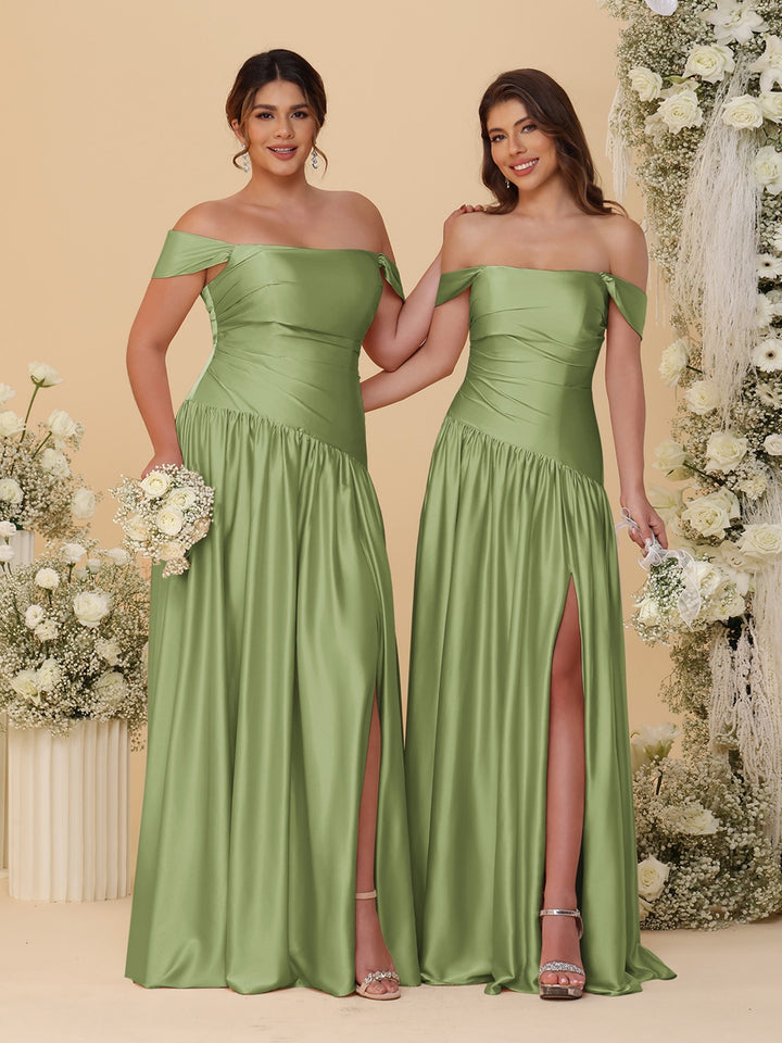 A-Line/Princess Off-the-Shoulder  Ruched Long Bridesmaid Dresses With Side Slit &amp; Pleats