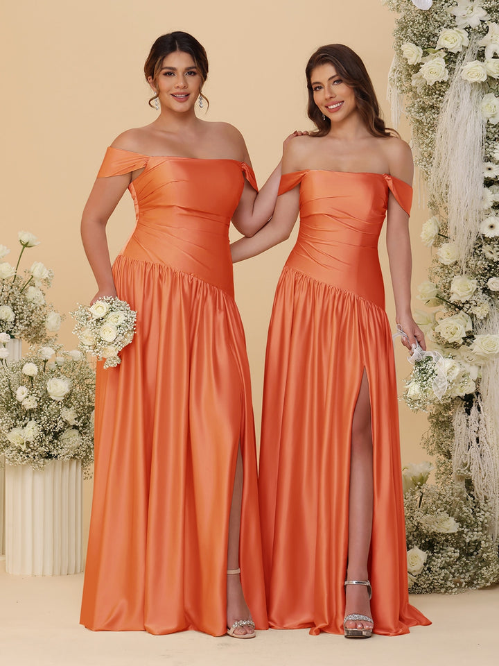 A-Line/Princess Off-the-Shoulder  Ruched Long Bridesmaid Dresses With Side Slit &amp; Pleats