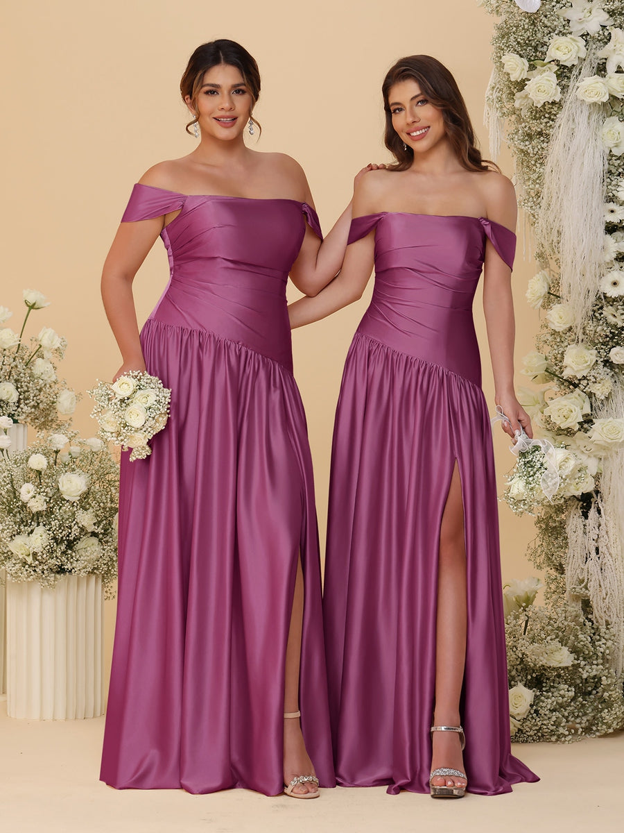 A-Line/Princess Off-the-Shoulder  Ruched Long Bridesmaid Dresses With Side Slit &amp; Pleats