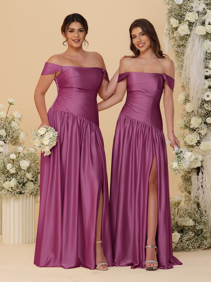 A-Line/Princess Off-the-Shoulder  Ruched Long Bridesmaid Dresses With Side Slit &amp; Pleats