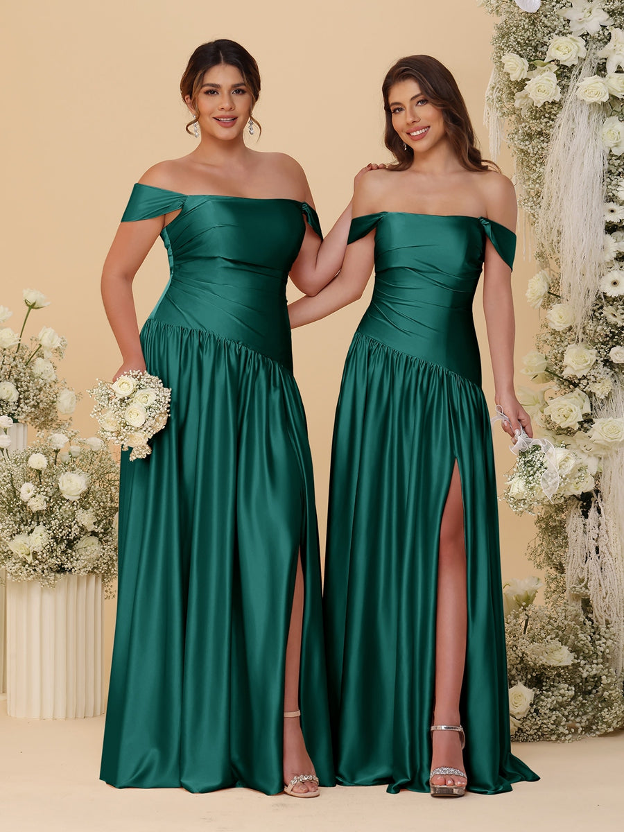 A-Line/Princess Off-the-Shoulder  Ruched Long Bridesmaid Dresses With Side Slit &amp; Pleats