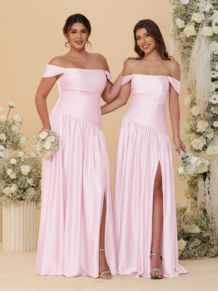 A-Line/Princess Off-the-Shoulder  Ruched Long Bridesmaid Dresses With Side Slit &amp; Pleats