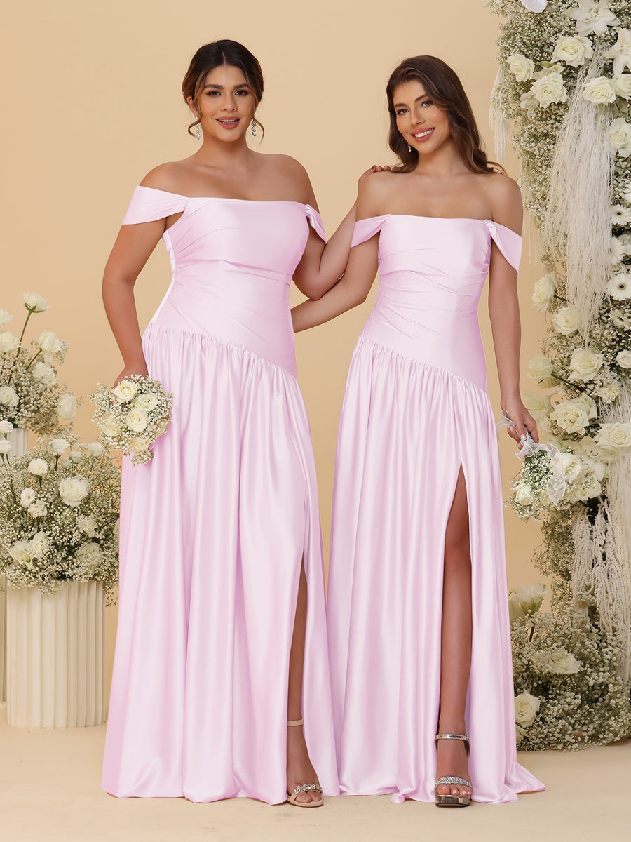 A-Line/Princess Off-the-Shoulder  Ruched Long Bridesmaid Dresses With Side Slit &amp; Pleats