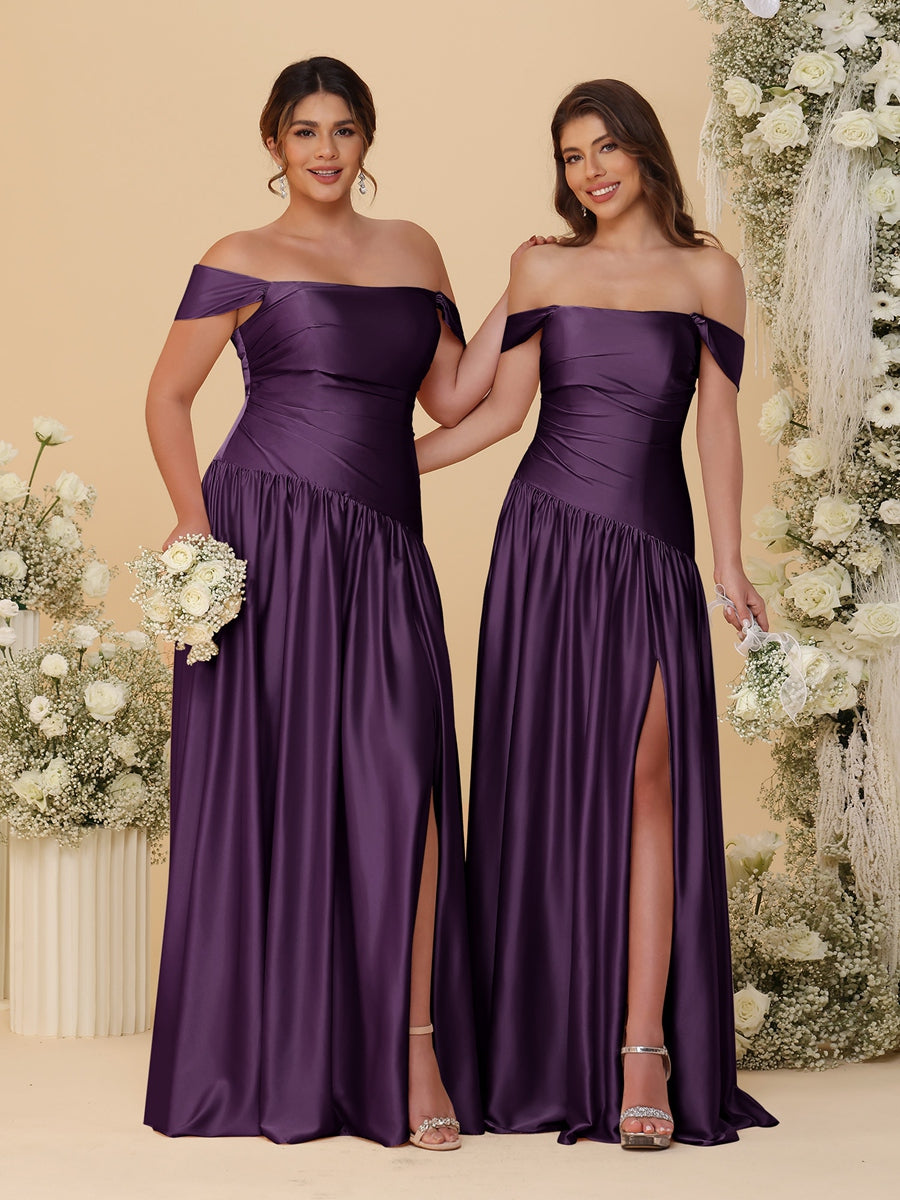 A-Line/Princess Off-the-Shoulder  Ruched Long Bridesmaid Dresses With Side Slit &amp; Pleats