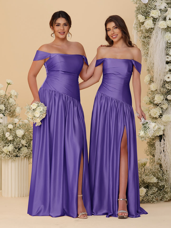 A-Line/Princess Off-the-Shoulder  Ruched Long Bridesmaid Dresses With Side Slit &amp; Pleats