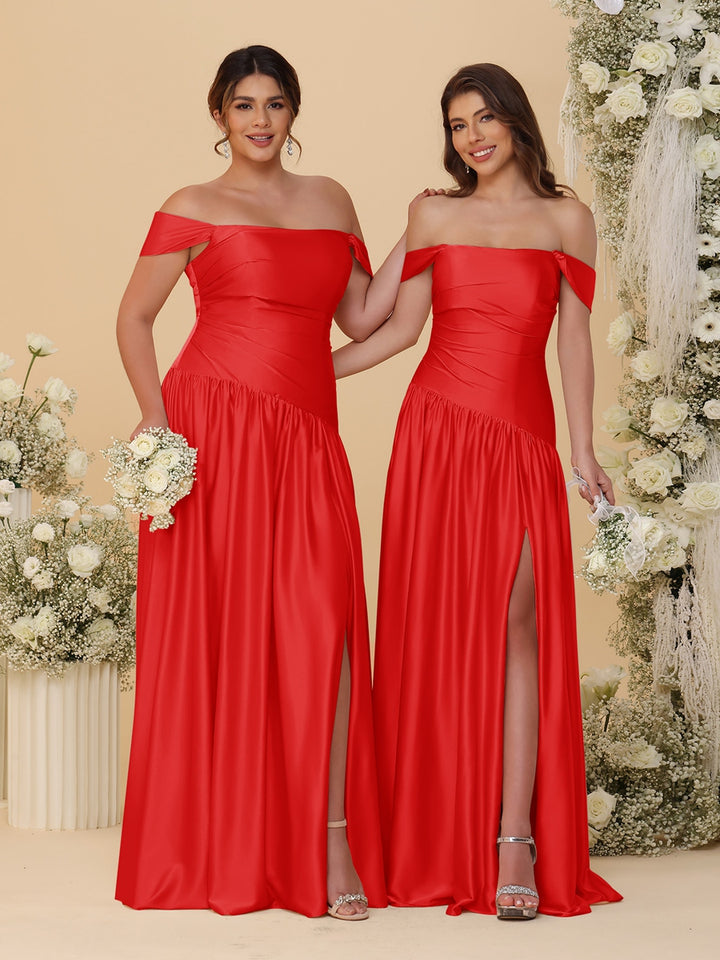 A-Line/Princess Off-the-Shoulder  Ruched Long Bridesmaid Dresses With Side Slit &amp; Pleats