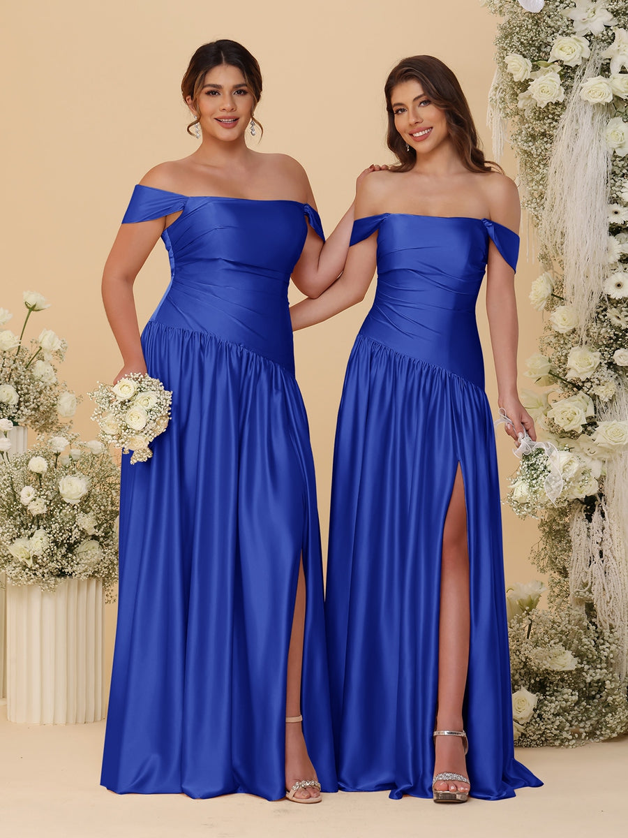 A-Line/Princess Off-the-Shoulder  Ruched Long Bridesmaid Dresses With Side Slit &amp; Pleats