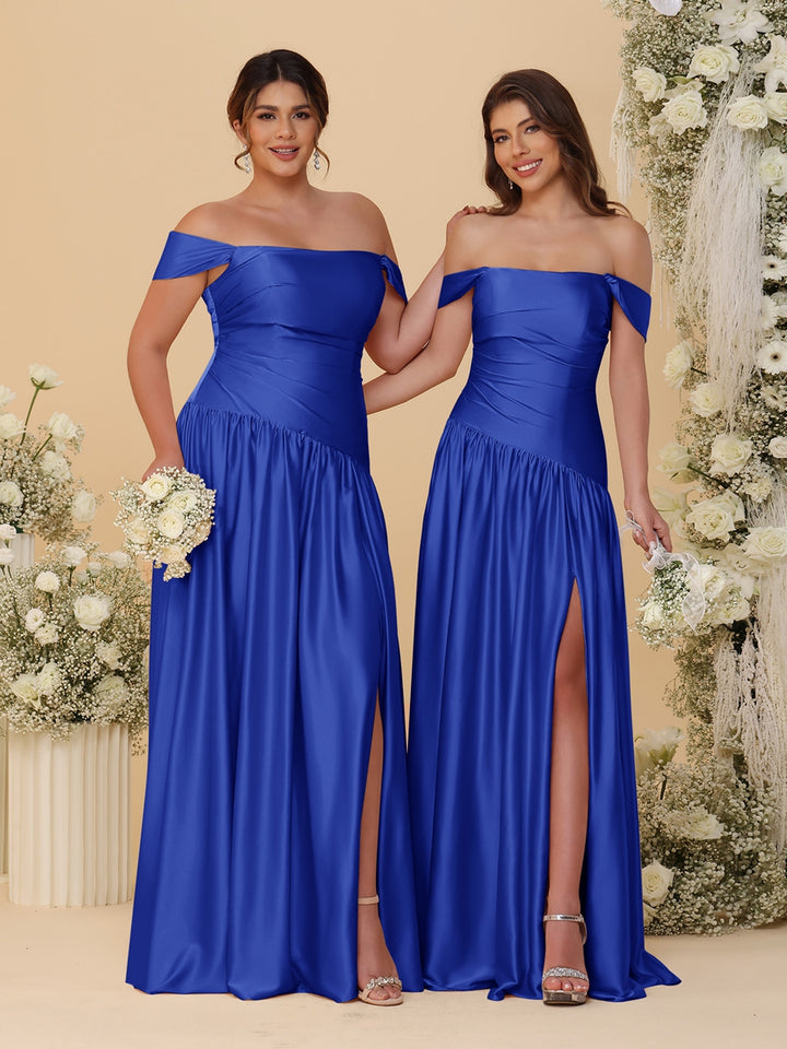 A-Line/Princess Off-the-Shoulder  Ruched Long Bridesmaid Dresses With Side Slit &amp; Pleats