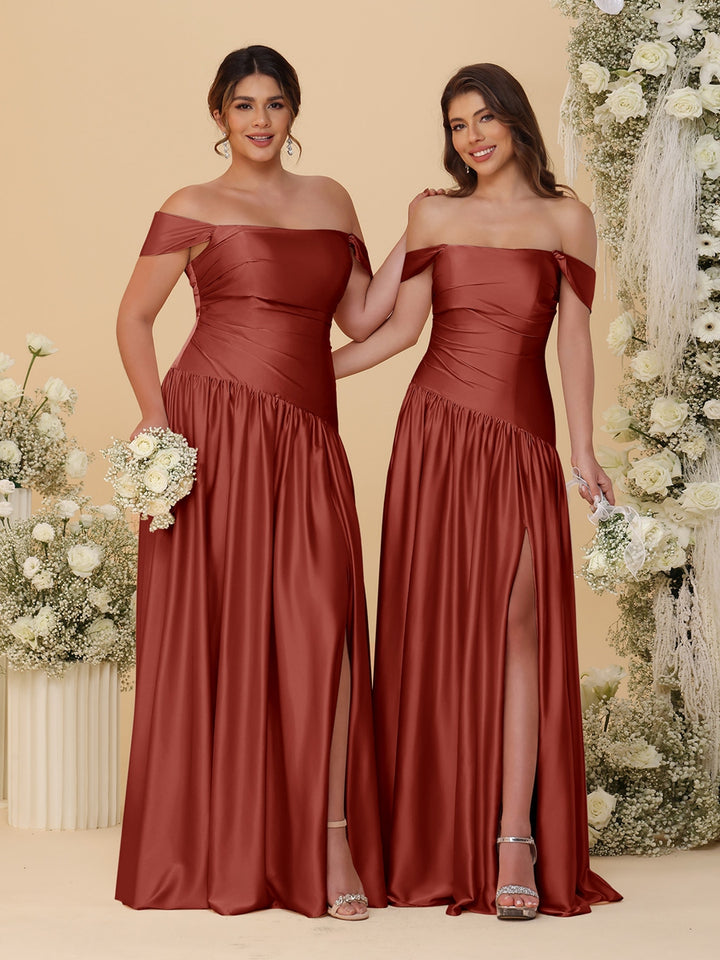 A-Line/Princess Off-the-Shoulder  Ruched Long Bridesmaid Dresses With Side Slit &amp; Pleats