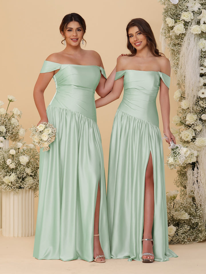 A-Line/Princess Off-the-Shoulder  Ruched Long Bridesmaid Dresses With Side Slit &amp; Pleats
