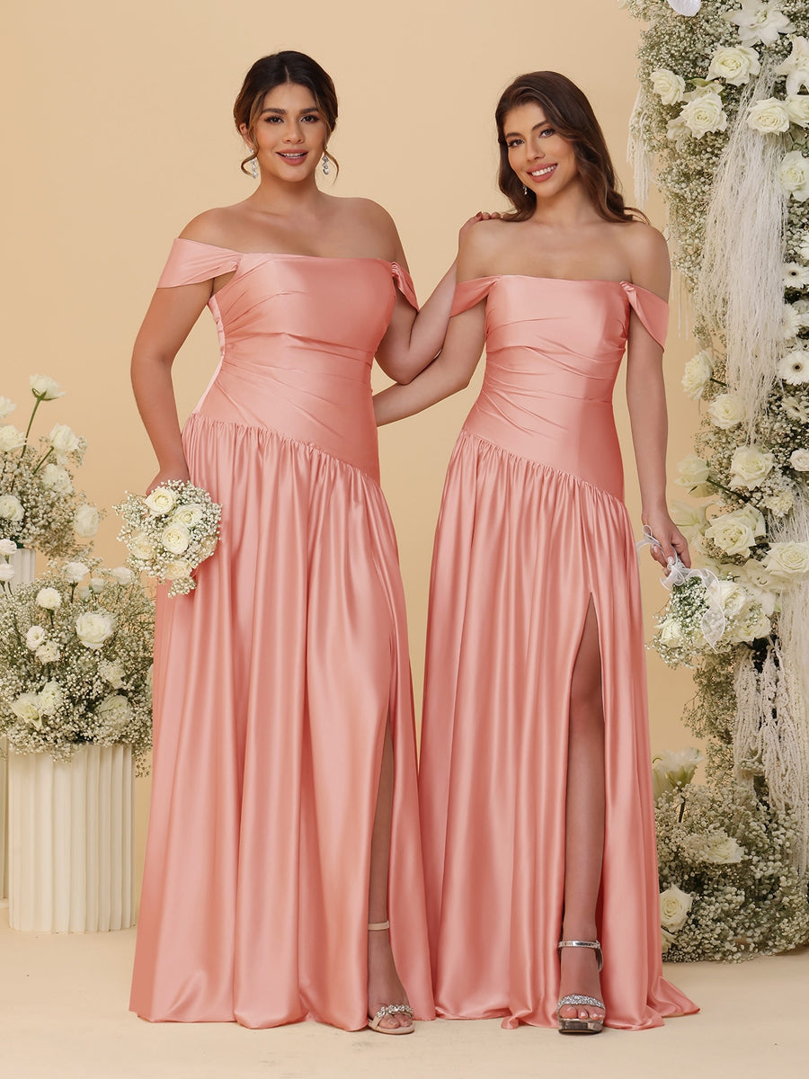 A-Line/Princess Off-the-Shoulder  Ruched Long Bridesmaid Dresses With Side Slit &amp; Pleats