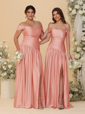 A-Line/Princess Off-the-Shoulder  Ruched Long Bridesmaid Dresses With Side Slit & Pleats