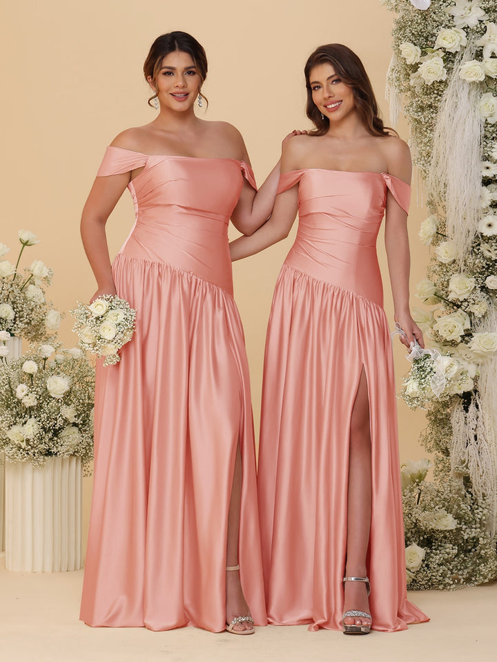 A-Line/Princess Off-the-Shoulder  Ruched Long Bridesmaid Dresses With Side Slit &amp; Pleats