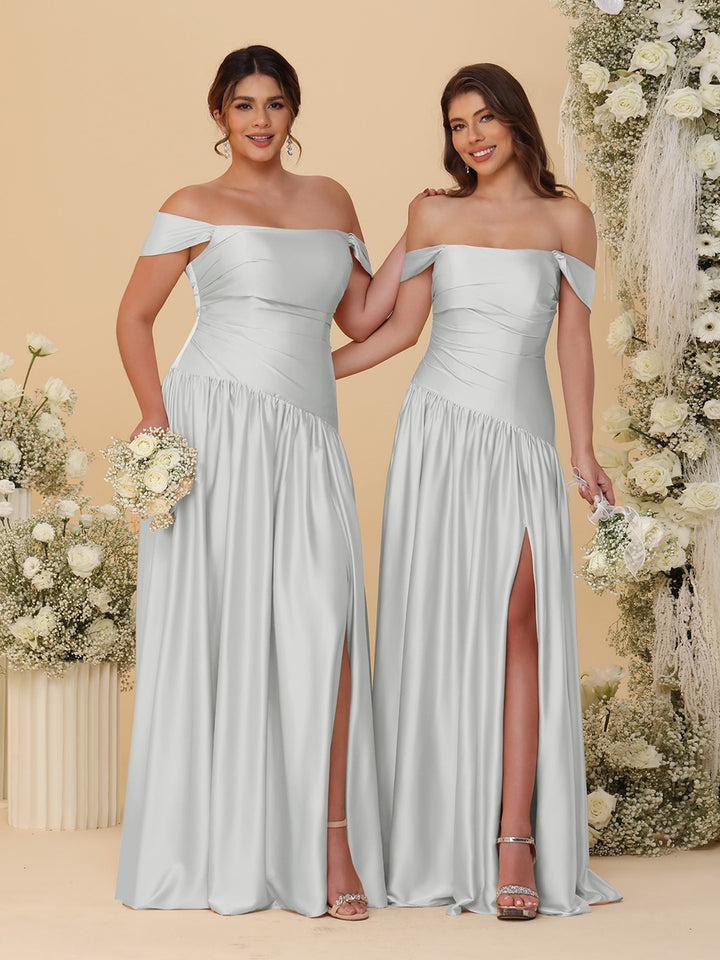 A-Line/Princess Off-the-Shoulder  Ruched Long Bridesmaid Dresses With Side Slit &amp; Pleats