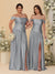 A-Line/Princess Off-the-Shoulder  Ruched Long Bridesmaid Dresses With Side Slit & Pleats