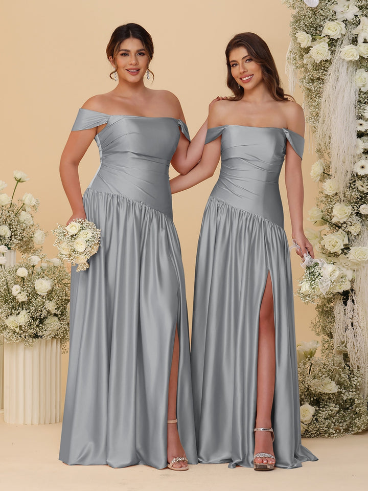A-Line/Princess Off-the-Shoulder  Ruched Long Bridesmaid Dresses With Side Slit &amp; Pleats