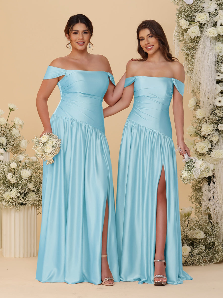 A-Line/Princess Off-the-Shoulder  Ruched Long Bridesmaid Dresses With Side Slit &amp; Pleats