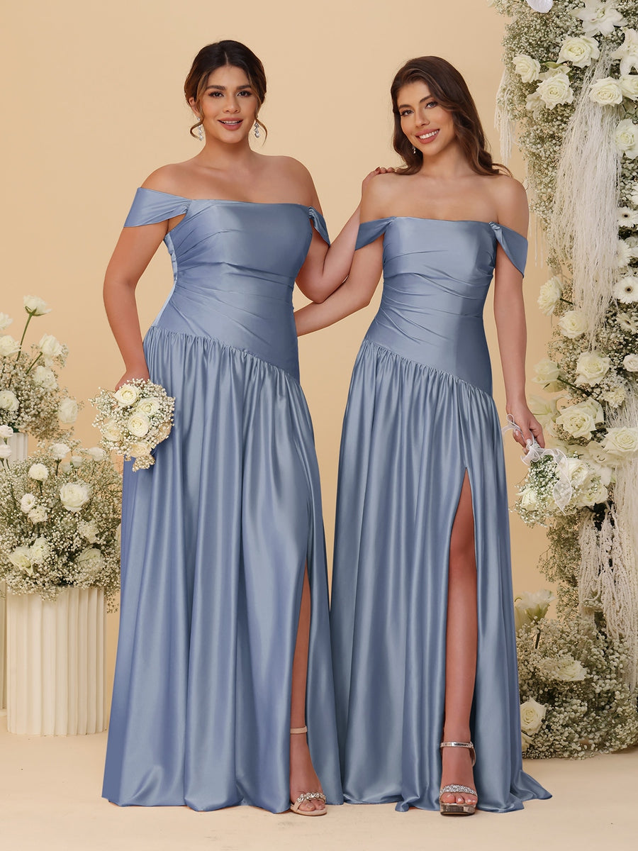 A-Line/Princess Off-the-Shoulder  Ruched Long Bridesmaid Dresses With Side Slit &amp; Pleats