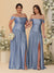 A-Line/Princess Off-the-Shoulder  Ruched Long Bridesmaid Dresses With Side Slit & Pleats