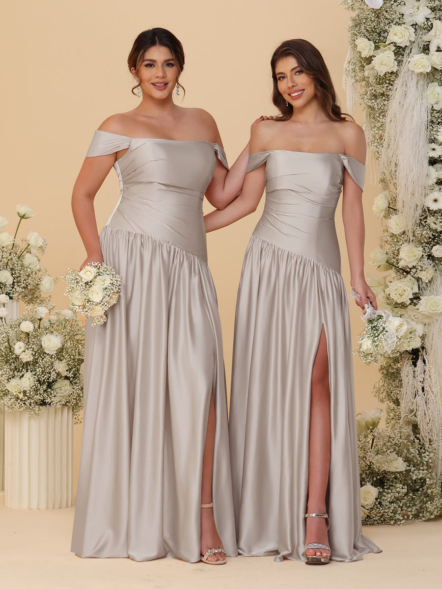 A-Line/Princess Off-the-Shoulder  Ruched Long Bridesmaid Dresses With Side Slit &amp; Pleats