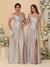 A-Line/Princess Off-the-Shoulder  Ruched Long Bridesmaid Dresses With Side Slit & Pleats