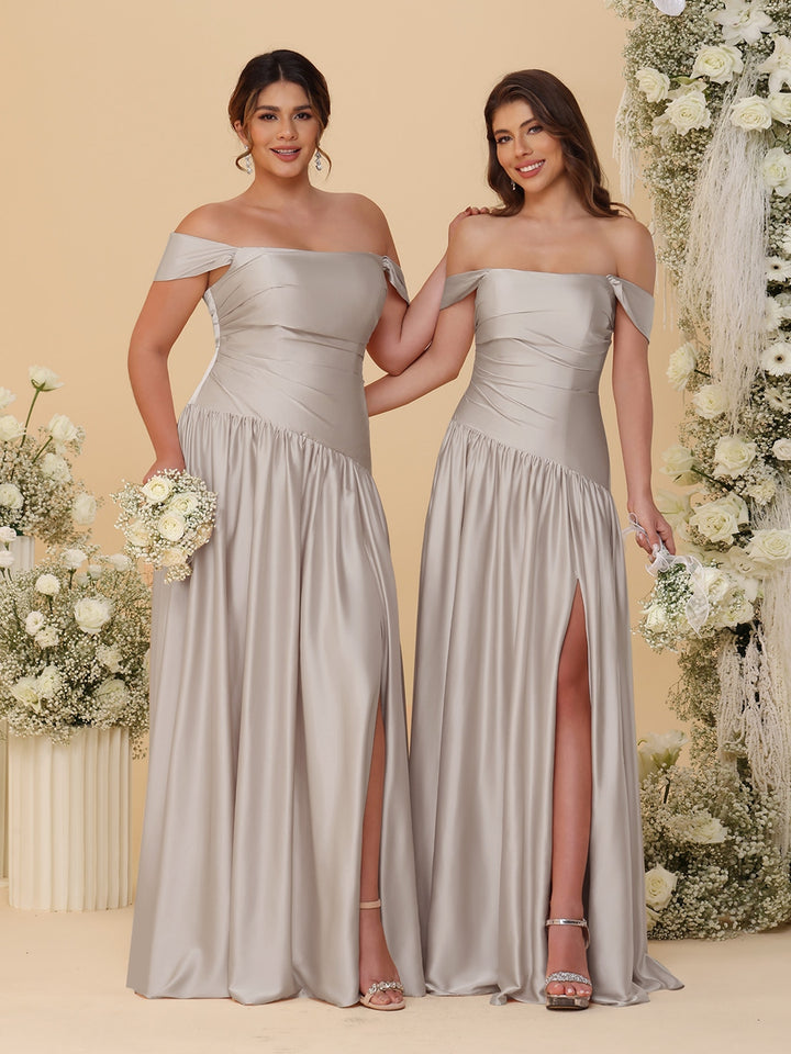 A-Line/Princess Off-the-Shoulder  Ruched Long Bridesmaid Dresses With Side Slit &amp; Pleats