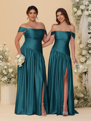 A-Line/Princess Off-the-Shoulder  Ruched Long Bridesmaid Dresses With Side Slit & Pleats