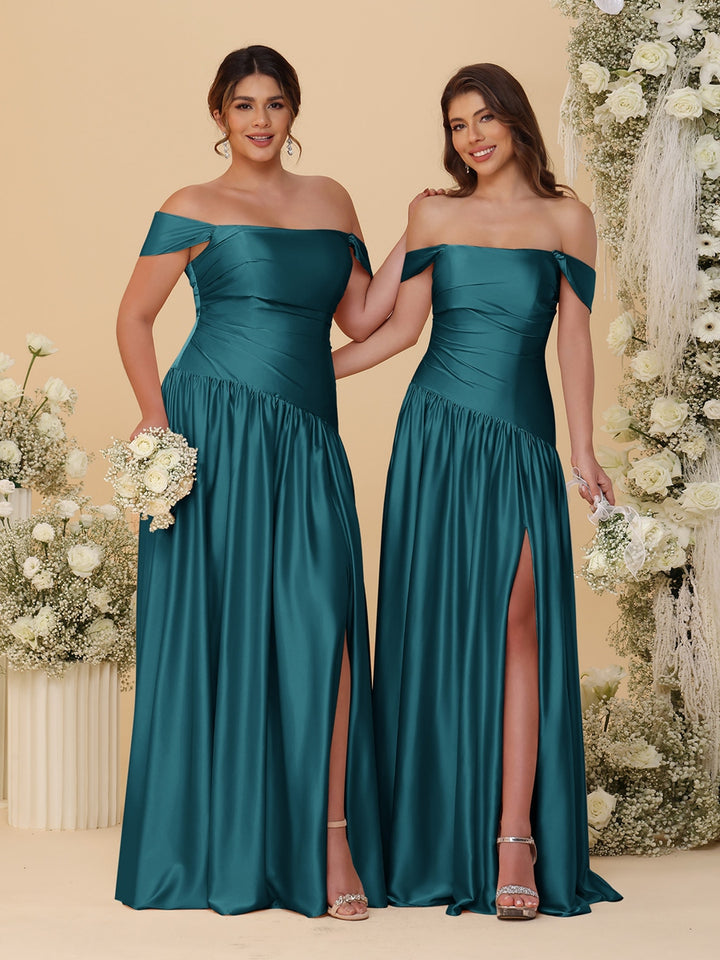A-Line/Princess Off-the-Shoulder  Ruched Long Bridesmaid Dresses With Side Slit &amp; Pleats