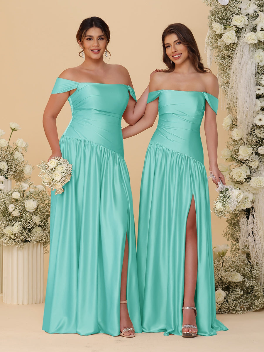 A-Line/Princess Off-the-Shoulder  Ruched Long Bridesmaid Dresses With Side Slit &amp; Pleats