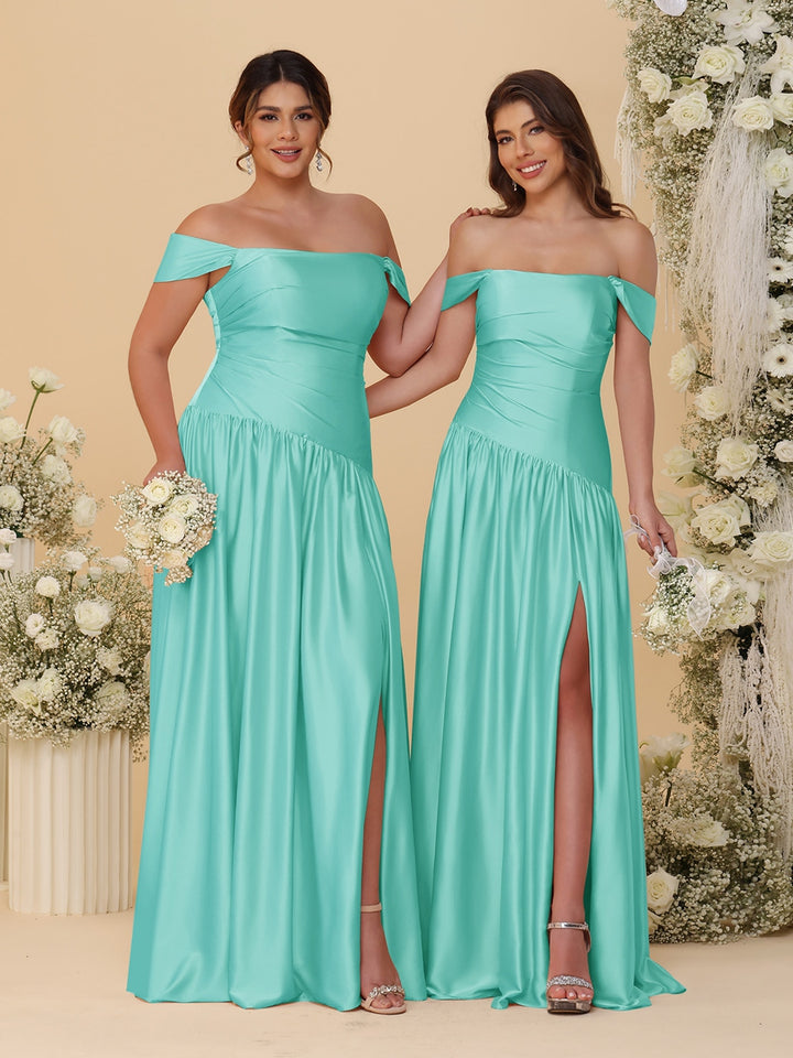 A-Line/Princess Off-the-Shoulder  Ruched Long Bridesmaid Dresses With Side Slit &amp; Pleats