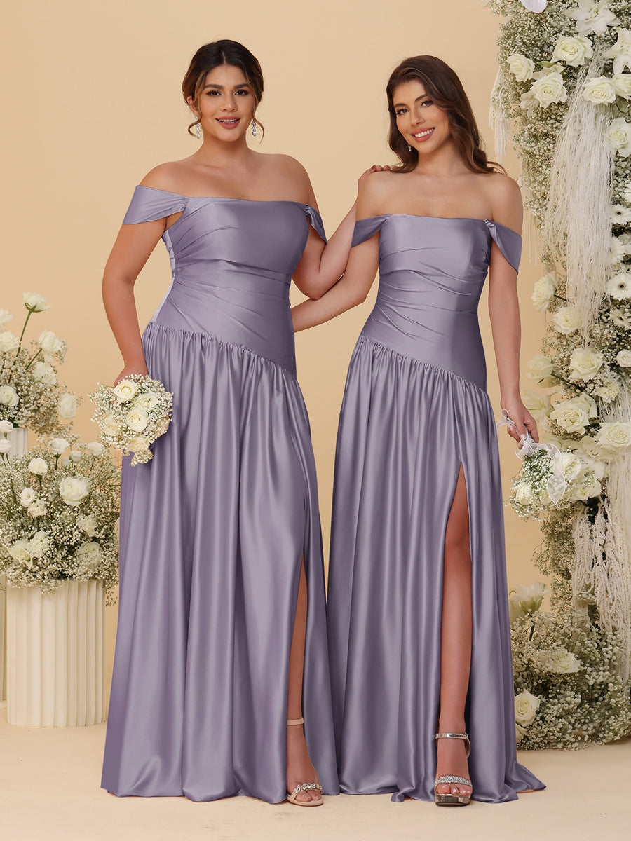A-Line/Princess Off-the-Shoulder  Ruched Long Bridesmaid Dresses With Side Slit &amp; Pleats