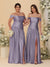 A-Line/Princess Off-the-Shoulder  Ruched Long Bridesmaid Dresses With Side Slit & Pleats
