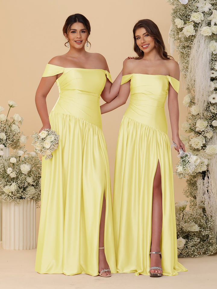 A-Line/Princess Off-the-Shoulder  Ruched Long Bridesmaid Dresses With Side Slit &amp; Pleats