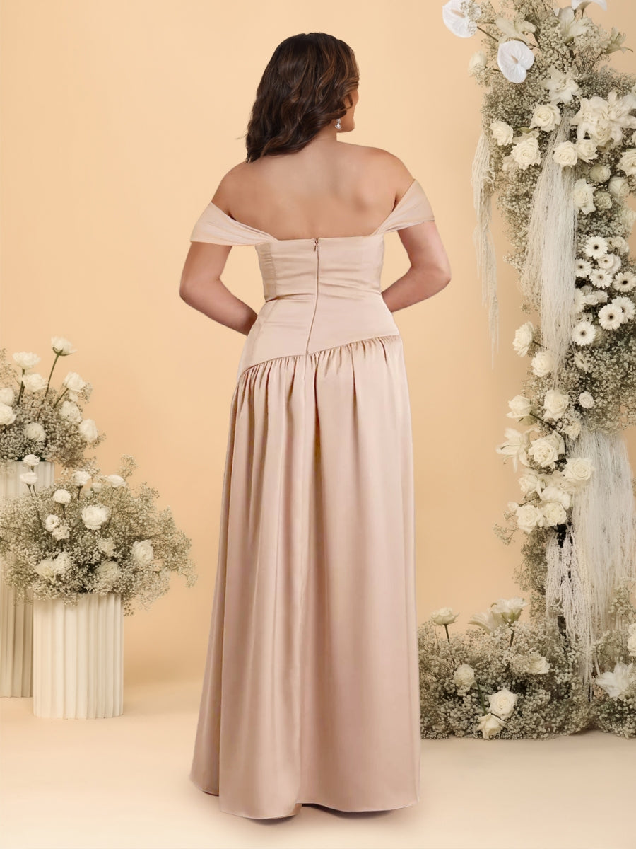 A-Line/Princess Off-the-Shoulder Plus Size Bridesmaid Dresses With Side Slit &amp; Pleats