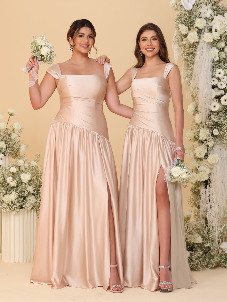 A-Line/Princess Off-the-Shoulder Plus Size Bridesmaid Dresses With Side Slit &amp; Pleats