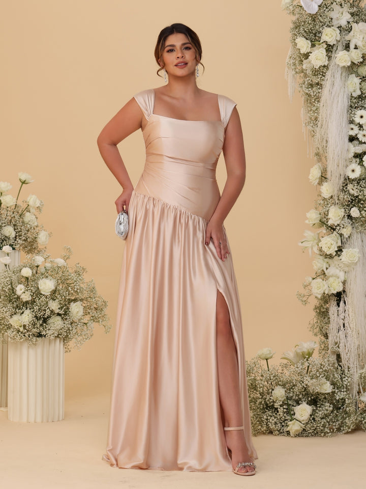 A-Line/Princess Off-the-Shoulder Plus Size Bridesmaid Dresses With Side Slit &amp; Pleats
