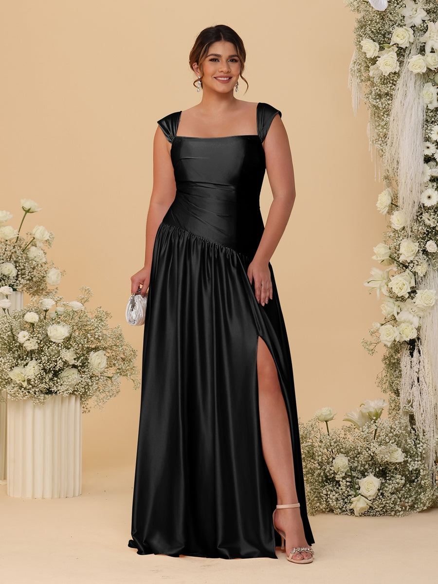 A-Line/Princess Off-the-Shoulder Plus Size Bridesmaid Dresses With Side Slit &amp; Pleats