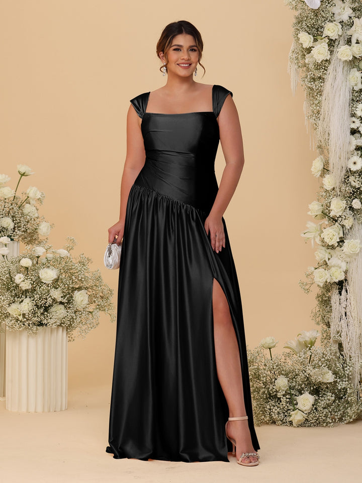 A-Line/Princess Off-the-Shoulder Plus Size Bridesmaid Dresses With Side Slit &amp; Pleats
