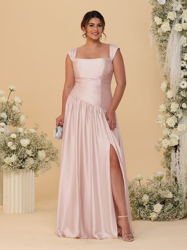 A-Line/Princess Off-the-Shoulder Plus Size Bridesmaid Dresses With Side Slit &amp; Pleats