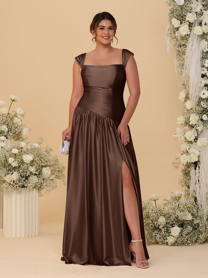 A-Line/Princess Off-the-Shoulder Plus Size Bridesmaid Dresses With Side Slit &amp; Pleats