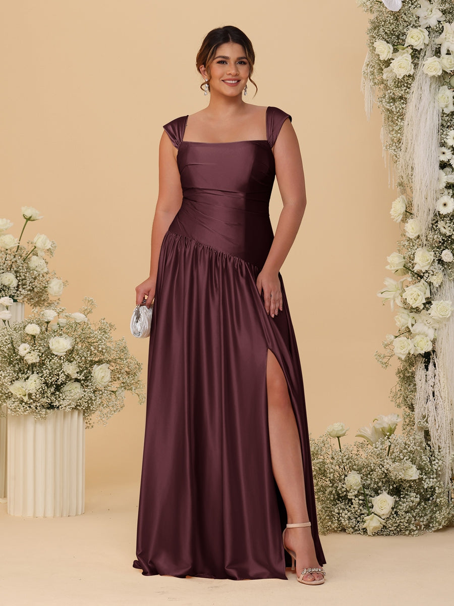 A-Line/Princess Off-the-Shoulder Plus Size Bridesmaid Dresses With Side Slit &amp; Pleats