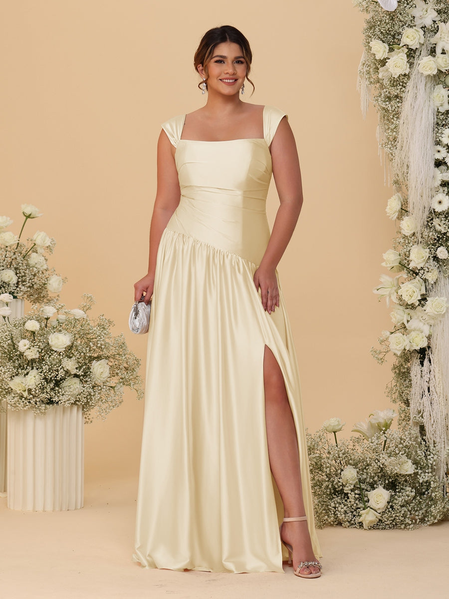 A-Line/Princess Off-the-Shoulder Plus Size Bridesmaid Dresses With Side Slit &amp; Pleats