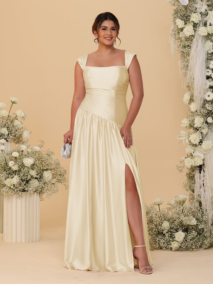 A-Line/Princess Off-the-Shoulder Plus Size Bridesmaid Dresses With Side Slit &amp; Pleats